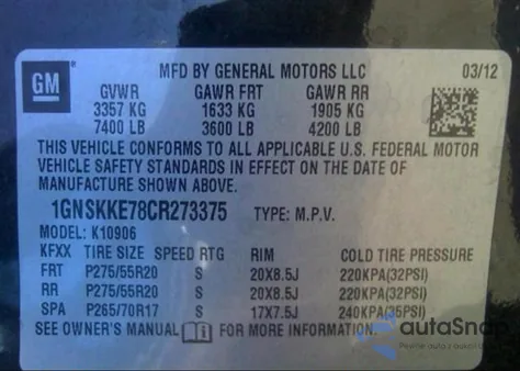 2012 Chevrolet K1500 Suburban Ltz from USA, damaged, VIN 1GNSKKE78CR273375